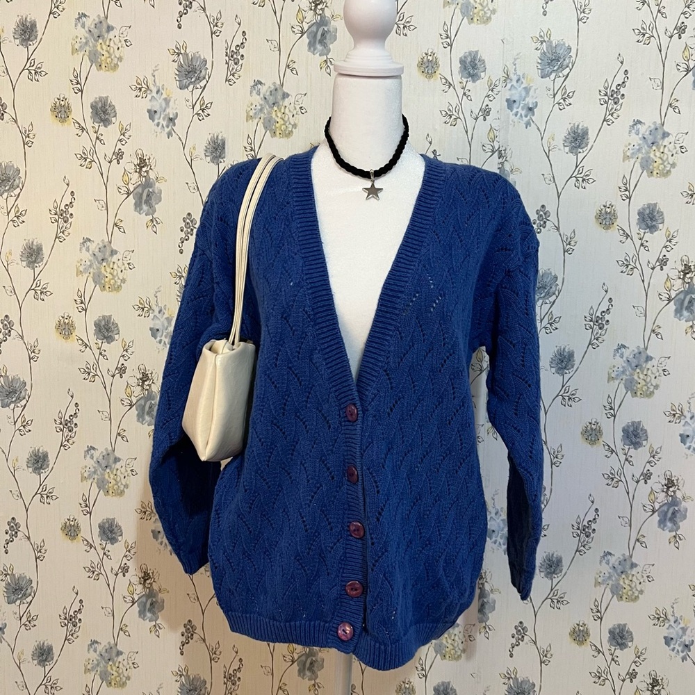 Blue Cable Knit Cardigan Sweater